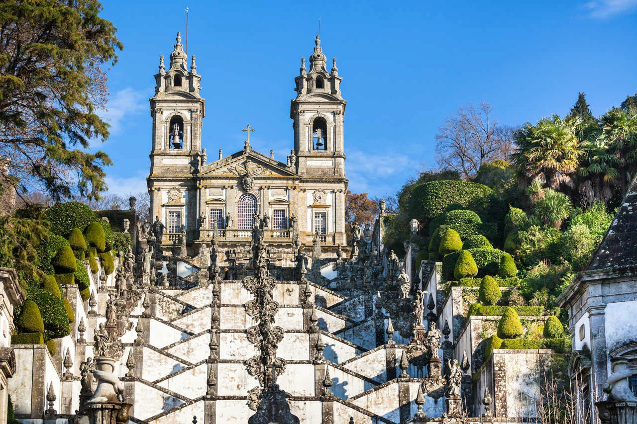 Bom Jesus do Monte Monastery, Braga, Portugal. Bright Blue Sky