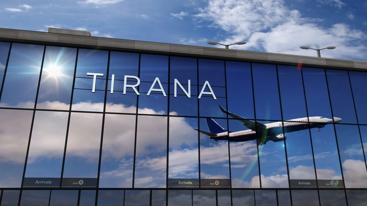 Jet aircraft landing at Tirana, Albania 3D rendering illustration. Arrival in the city with the glass airport terminal and reflection of the plane. Travel, business, tourism and transport concept.