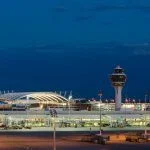 Munich Airport near Freising at Night, Bavaria, Germany.