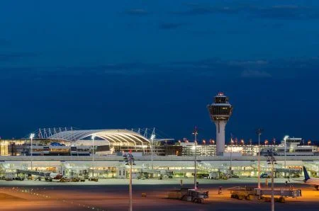 Munich Airport near Freising at Night, Bavaria, Germany.