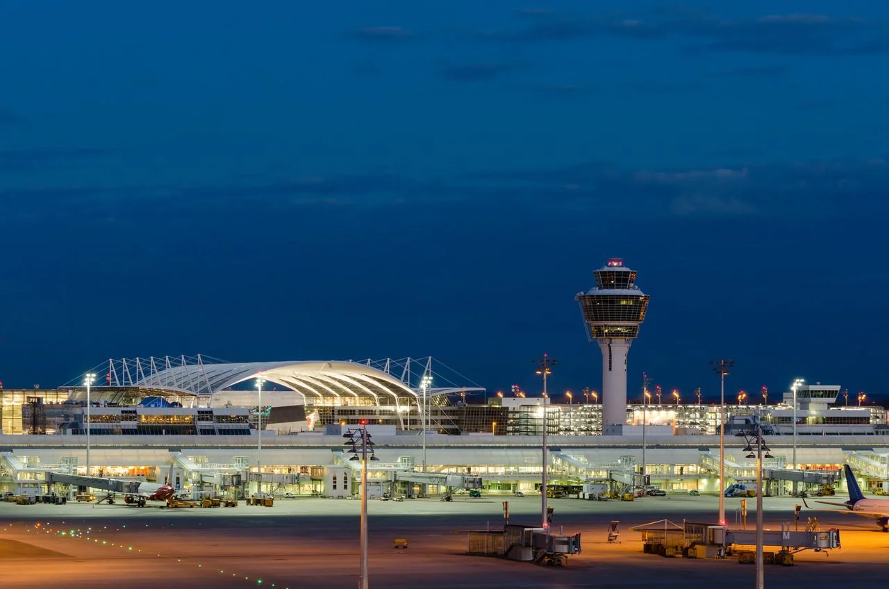 Munich Airport near Freising at Night, Bavaria, Germany.