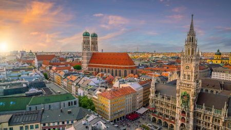 Munich city downtown skyline with Marienplatz town hall in Germany