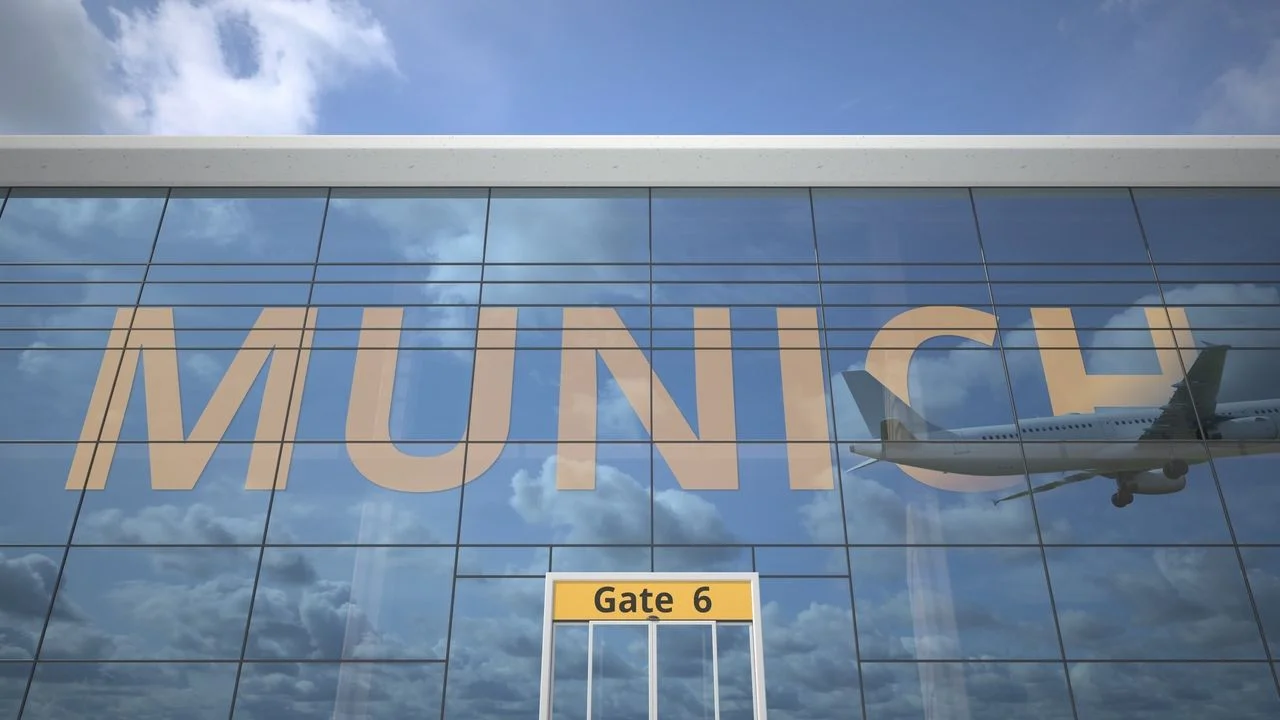 Munich city name and landing plane at modern airport 3D rendering