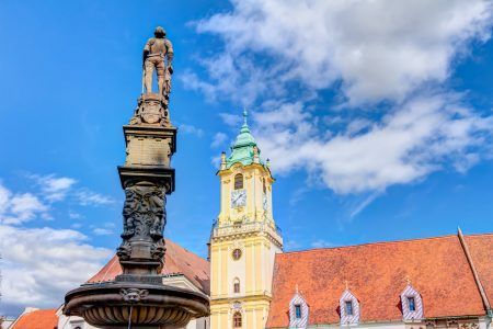 Old Town Hall and the Roland fountain in the city center of Bratislava, Slovakia