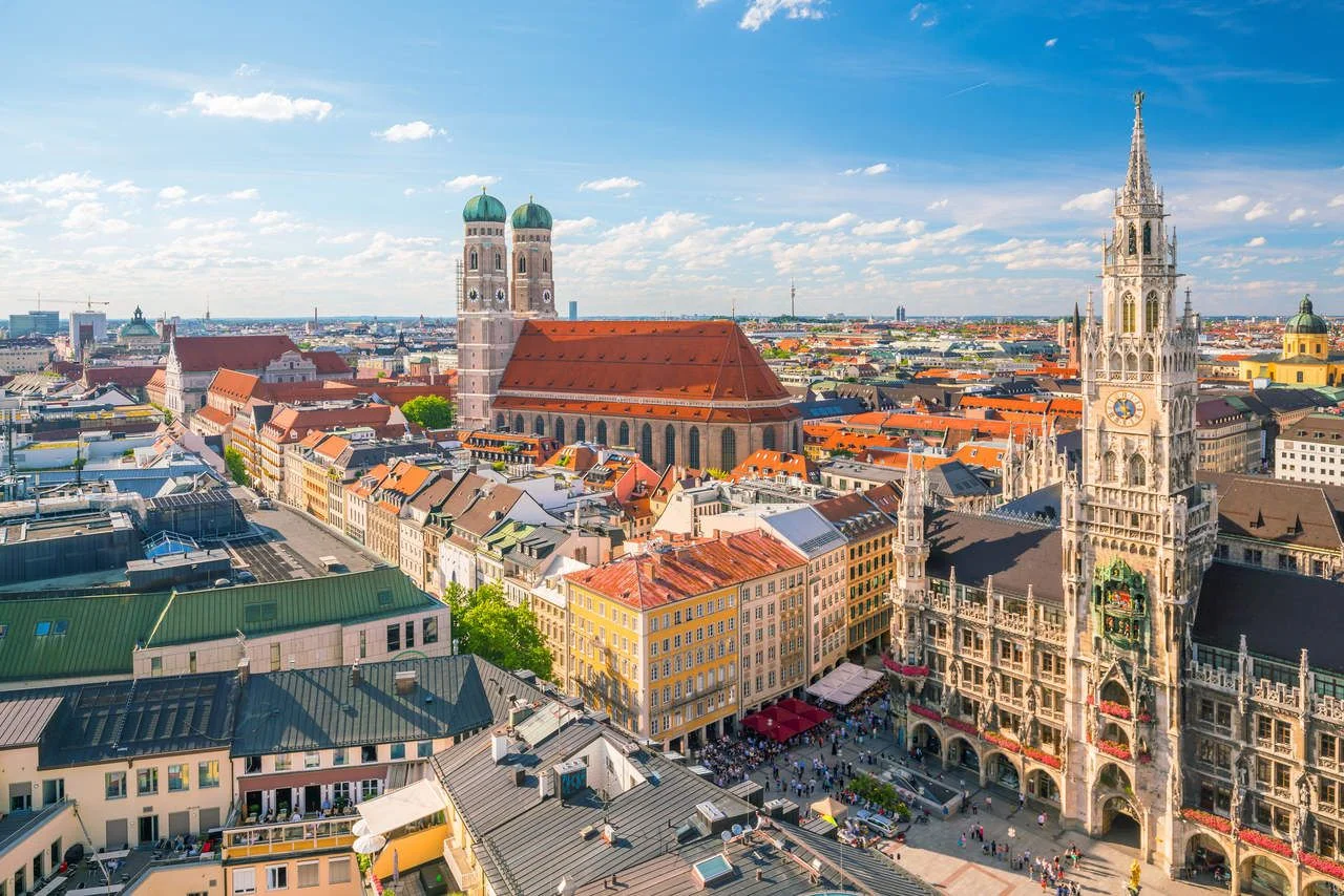 Panorama of Munich with the Marienplatz town hall in Germany