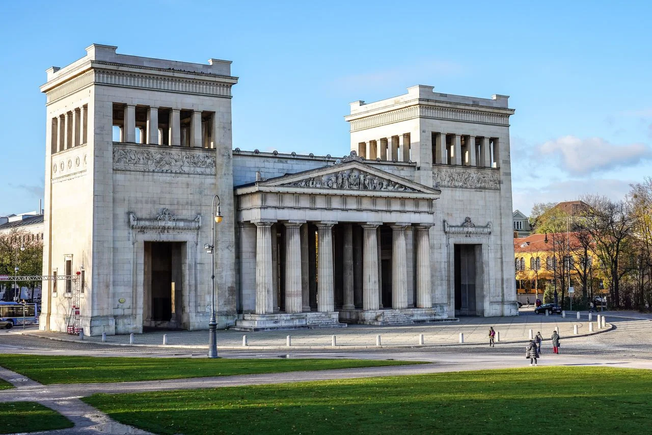 Propylaea or Propylaen – Monumental city gate in Konigsplatz (King’s Square), Munich, Germany, Europe. The building in Doric order, evokes the entrance for the Athenian Acropolis