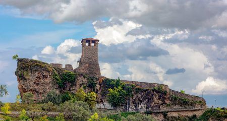 Scene with ruins of Kruja castle, near Tirana,Albania. Kruja is the hometown of Skanderbeg,the hero of Albania. fushe kruje