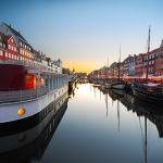 Ships in Nyhavn at sunset, Copenhagen, Denmark