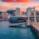 Spectacular sunrise in Durres, port city on the Adriatic Sea in western Albania, Europe. Impressive Adriatic seascape. Exotic spring scene of Albania. Traveling concept background.