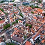 ULM, GERMANY – JUNE 18, 2016 Ulm and Danube river bird view, Germany. Ulm is primarily known for having the tallest church in the world, and as the birth city of Albert Einstein.
