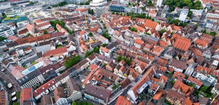 ULM, GERMANY – JUNE 18, 2016 Ulm and Danube river bird view, Germany. Ulm is primarily known for having the tallest church in the world, and as the birth city of Albert Einstein.