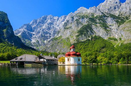 View of St. Bartholoma church in Konigsee National Park in summer, Germany