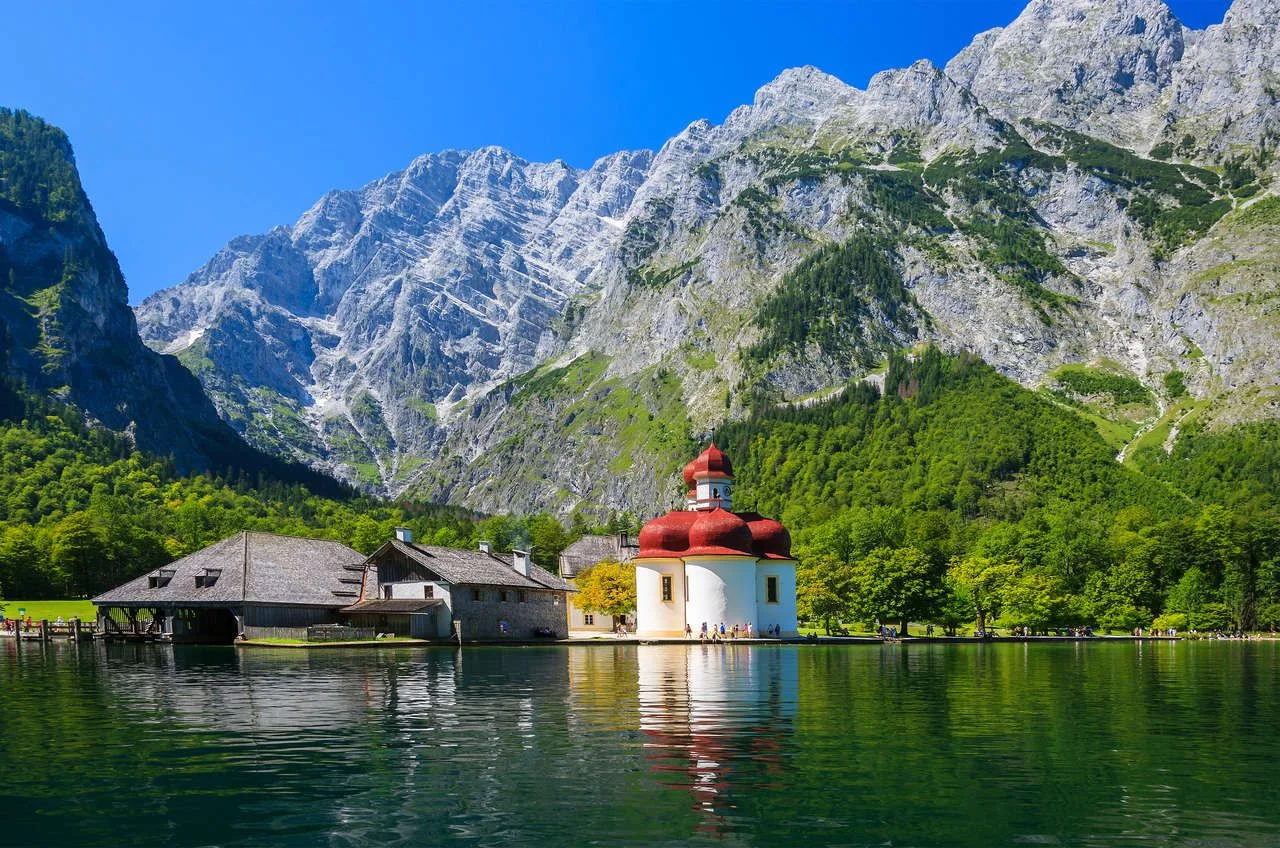 View of St. Bartholoma church in Konigsee National Park in summer, Germany
