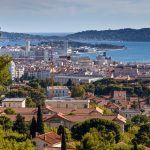 Aerial panoramic view of Toulon city and coastline from Faron mountain. France. Travel Europe.