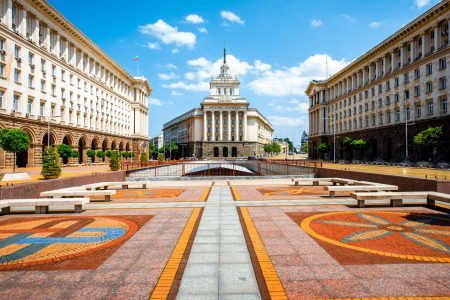 An architectural ensemble of three socialist classicist buildings in central Sofia, the capital of Bulgaria
