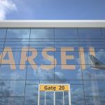 Marseille city name and landing airplane at airport terminal 3D rendering