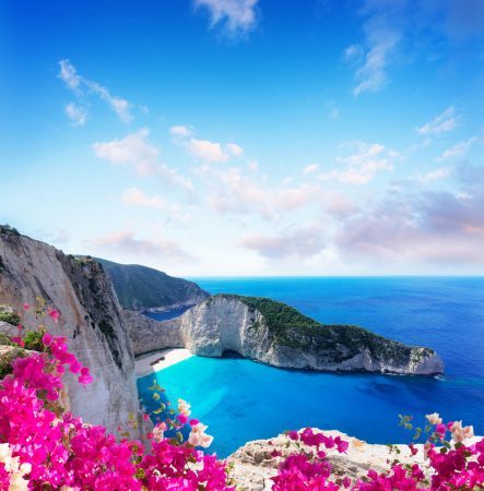 Navagio rock beach, famous overhead lanscape of Zakynthos island, Greece with flowers