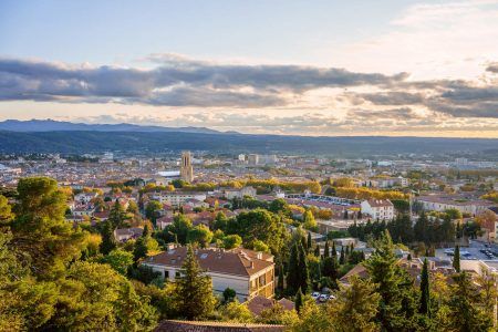 Panoramic view of Aix-en-Provence in autumn. Sunset. France, Provence.