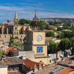 View of Salon de Provence with church and bell tower,South of France.