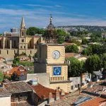 View of Salon de Provence with church and bell tower,South of France.