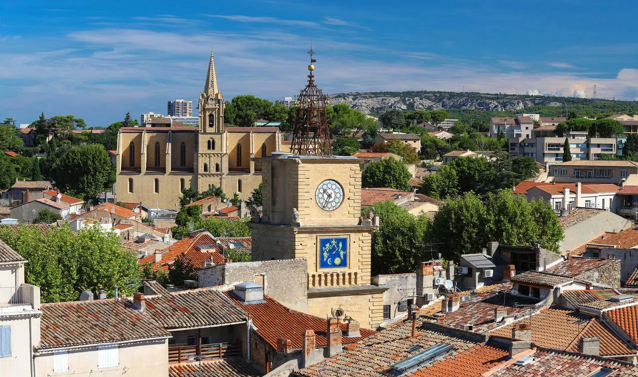 View of Salon de Provence with church and bell tower,South of France.