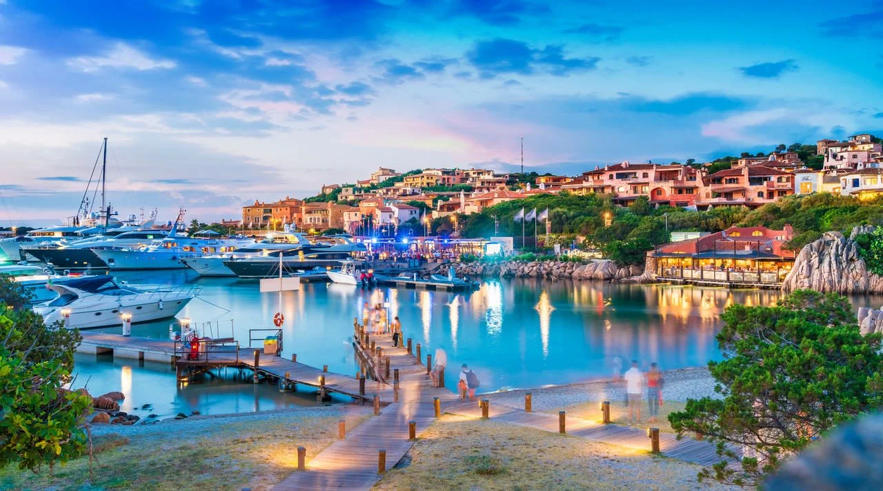 View of the port and the village of Porto Cervo, Sardinia, Italy