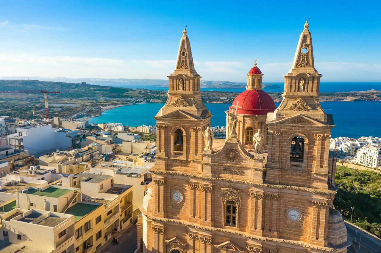Aerial view close up view of Mellieha Parish Church or Birth of Our Lady. Malta country