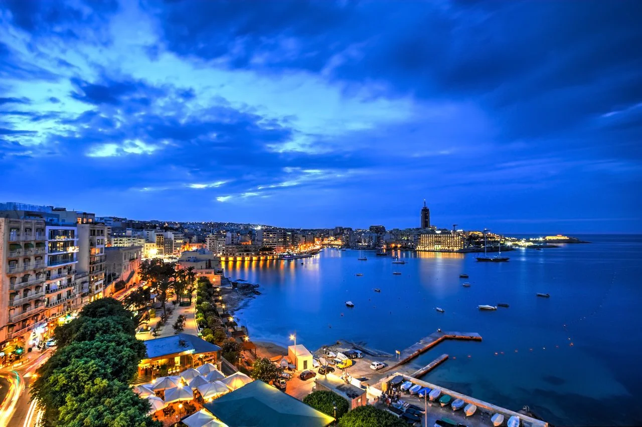 Aerial view of Saint Julian’s Bay in the Blue Hour, Malta
