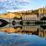 Cathedral Saint Jean, Basilica Notre-Dame de Fourviere and the Saone river in Lyon city at morning, region Auvergne-Rhone-Alpes, Rhone, France