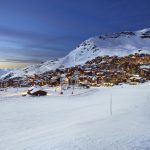 Panorama of famous Val Thorens in french alps by night, Vanoise, Francen
