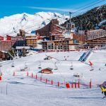 Ski resorts and ski fields at Les Arcs 2000 with Mont Blanc in the background, Savoie, France, Europe