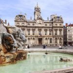 The Terreaux square with fountain in Lyon city, France