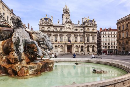The Terreaux square with fountain in Lyon city, France