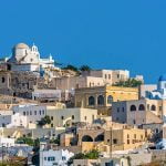 A panorama view towards the summit of the village of Pyrgos, Santorini in summertime