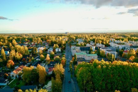 Aerial picture. Colorful autumn in Korso Vantaa, Finland