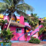 Beautiful traditional colorful house villa casa with straw roof and coconut palms around it in Akumal, small coastal town in Riviera Maya, Mexico – exotic holiday in paradise