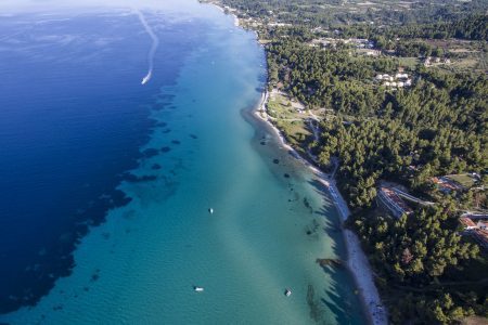 Drone images of Aegean sea at Kriopigi, Kassandra, Chalkidiki, Greece