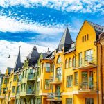 Multicolored facades of buildings in Helsinki, the capital of Finland, traditional Scandinavian architecture, Ullanlinna, Huvilakatu