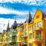 Multicolored facades of buildings in Helsinki, the capital of Finland, traditional Scandinavian architecture, Ullanlinna, Huvilakatu