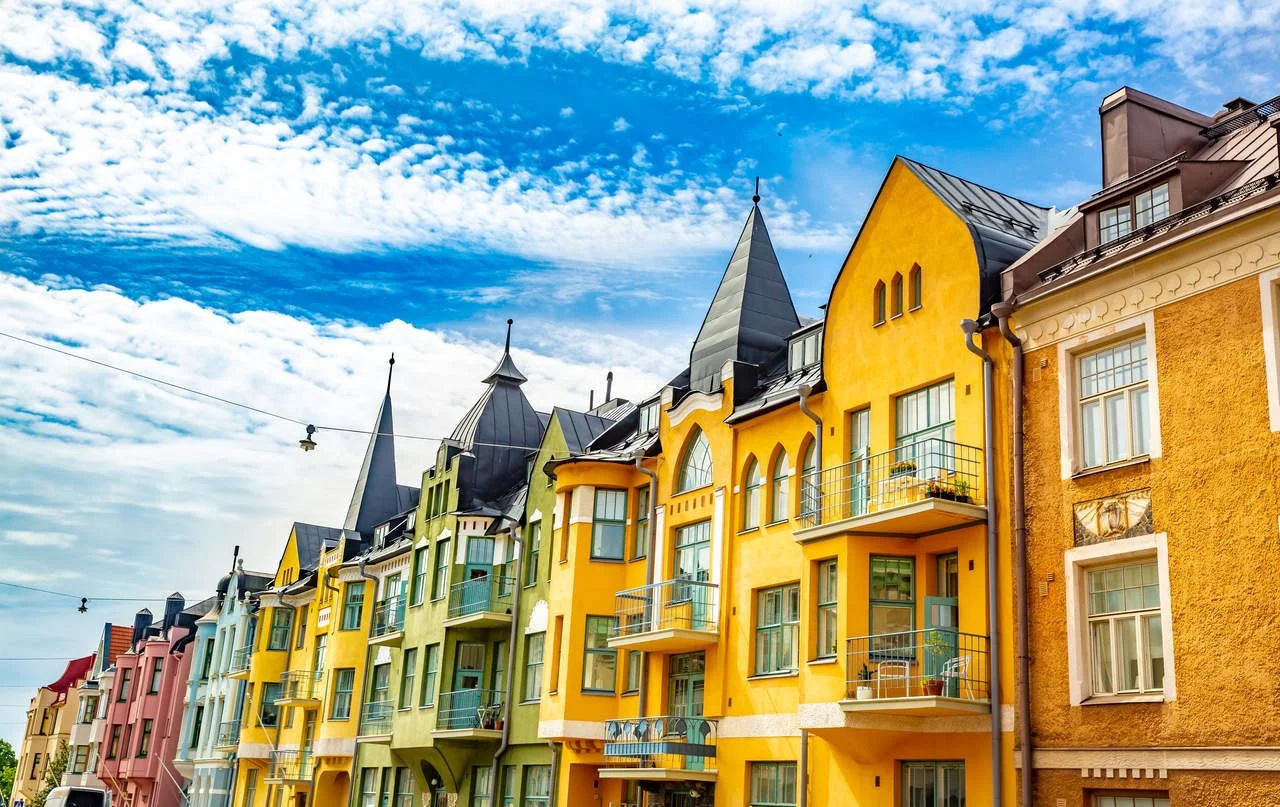 Multicolored facades of buildings in Helsinki, the capital of Finland, traditional Scandinavian architecture, Ullanlinna, Huvilakatu