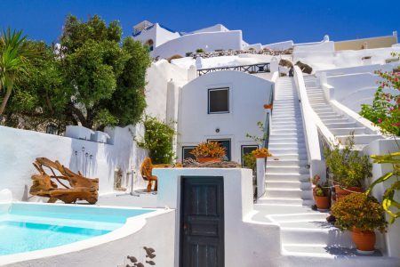 White architecture of Fira town on Santorini island, Greece