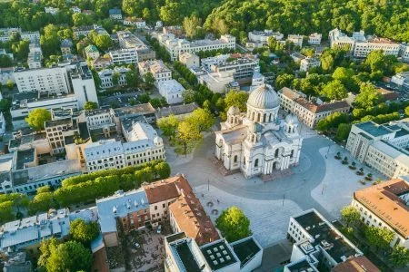 Aerial view of Kaunas city center. Kaunas is the second-largest city in country and has historically been a leading centre of economic, academic, and cultural