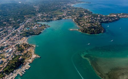 Aerial view of gouvia komeno bay in corfu greece