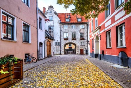 Autumn on a medieval street in old Riga. The city is the capital of Latvia, which is well known as a very popular tourist destination in the Baltic region