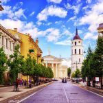Cathedral Square seen from Gediminas Avenue, Vilnius main street, Lithuania, popular shops and restaurants