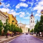 Cathedral Square seen from Gediminas Avenue, Vilnius main street, Lithuania, popular shops and restaurants