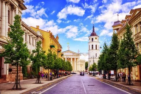 Cathedral Square seen from Gediminas Avenue, Vilnius main street, Lithuania, popular shops and restaurants