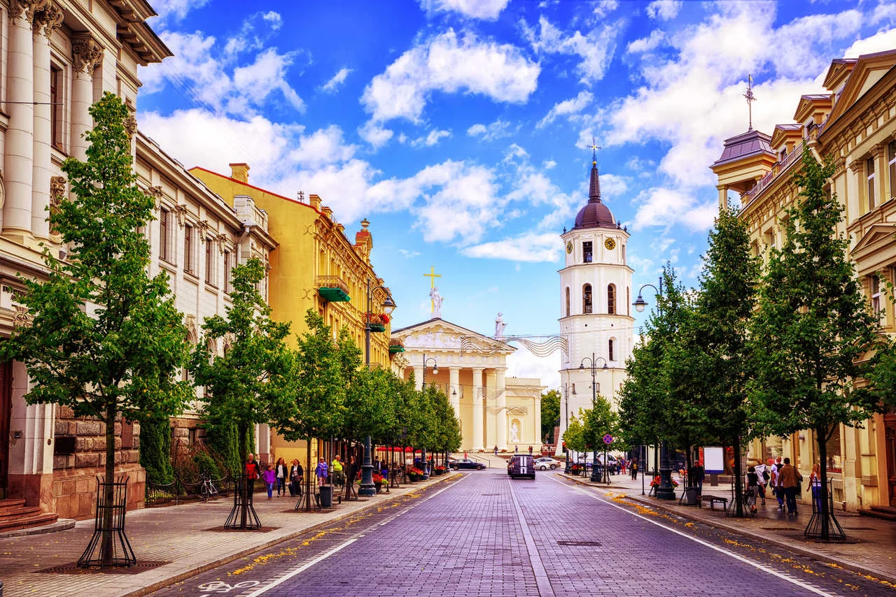 Cathedral Square seen from Gediminas Avenue, Vilnius main street, Lithuania, popular shops and restaurants