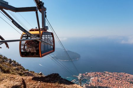 Dubrovnik Cable Car. View from the top of Mount Srdj. Old town city wall and the Adriatic sea in background