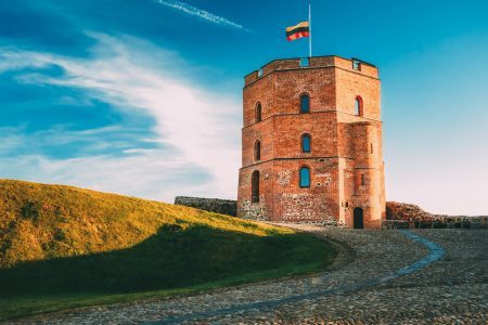 Gediminas Tower (Gediminas) in Vilnius, Lithuania. A historic symbol of the city of Vilnius and Lithuania itself. Upper Vilnius Castle Complex. Summer. Tourist destination